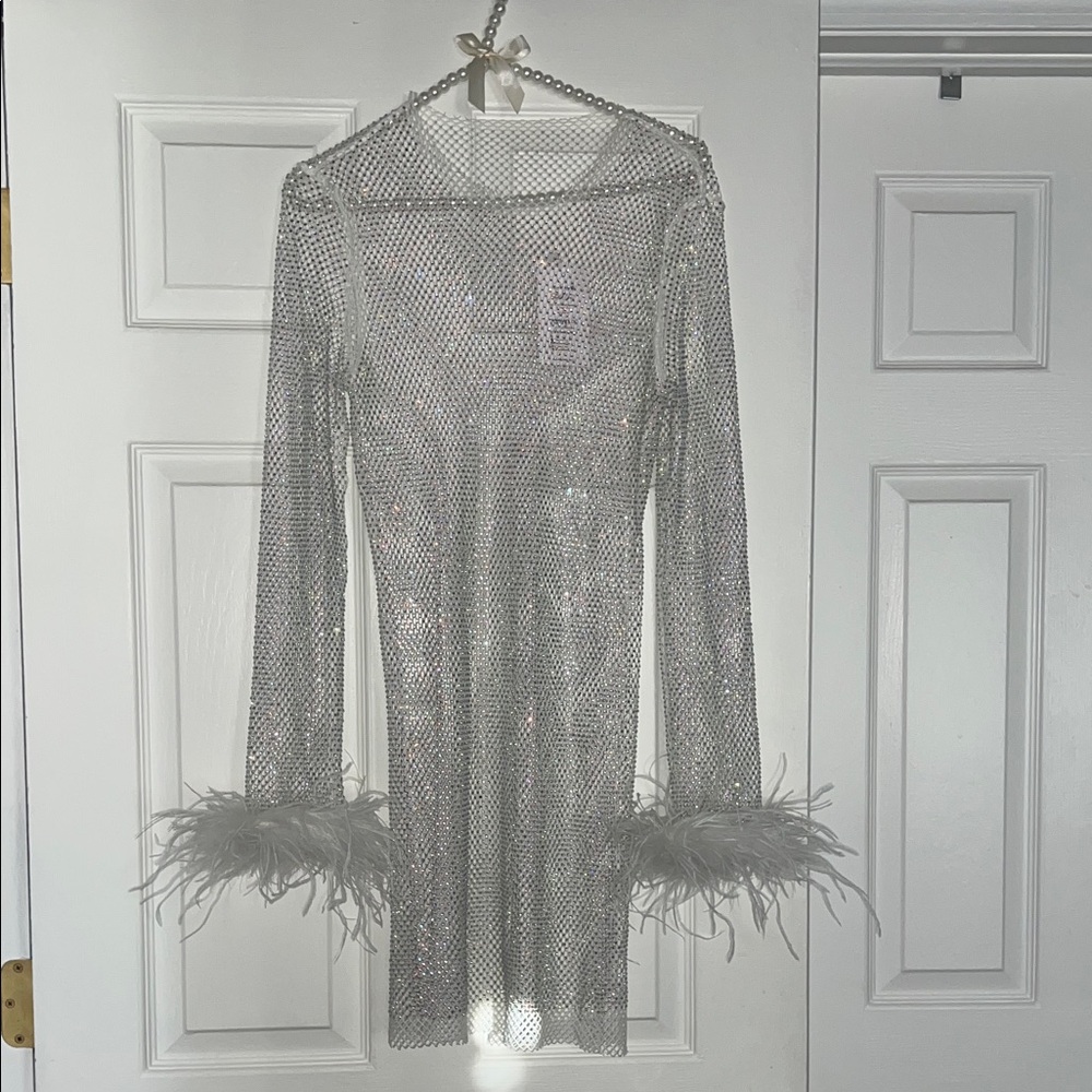 White Sparkle Dress with Feather on Wrists
